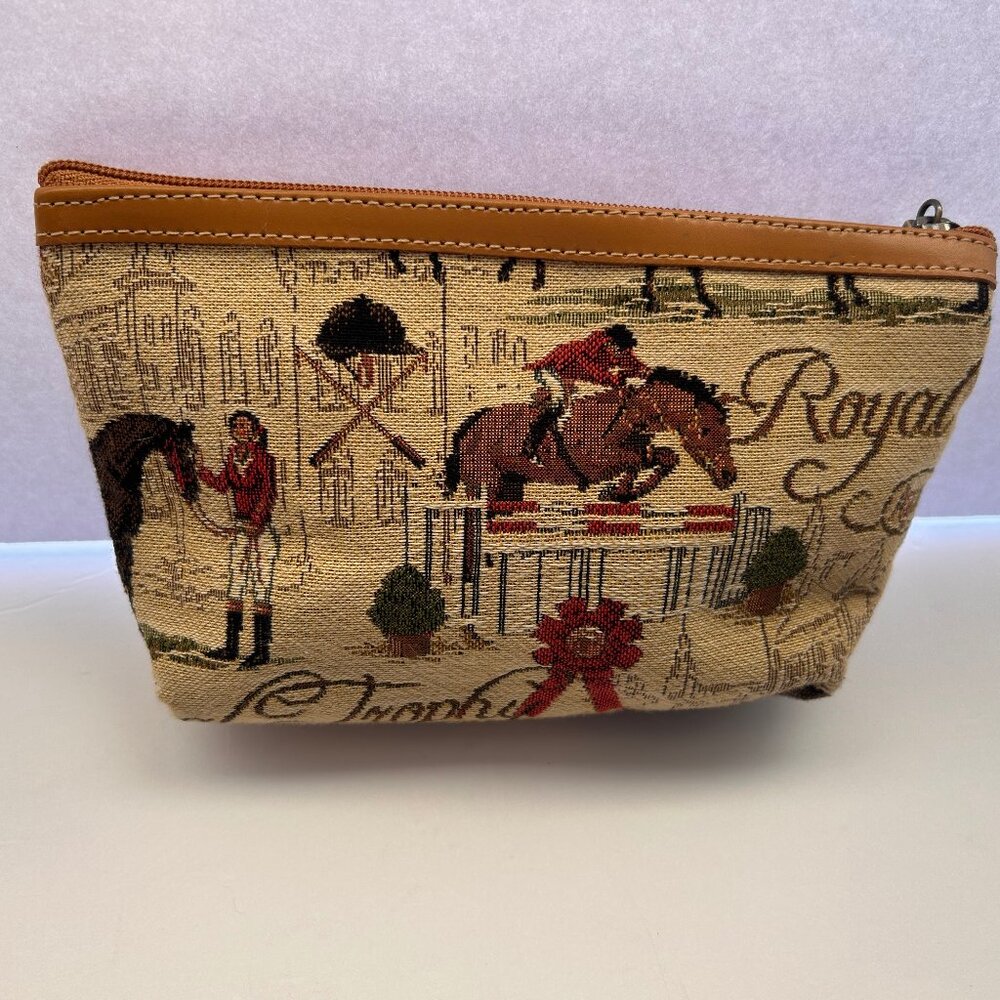 Royal Tapisserie Equestrian Tapestry Pouch Horse Hunt Scene Cosmetic Bag Zip - Picture 2 of 10